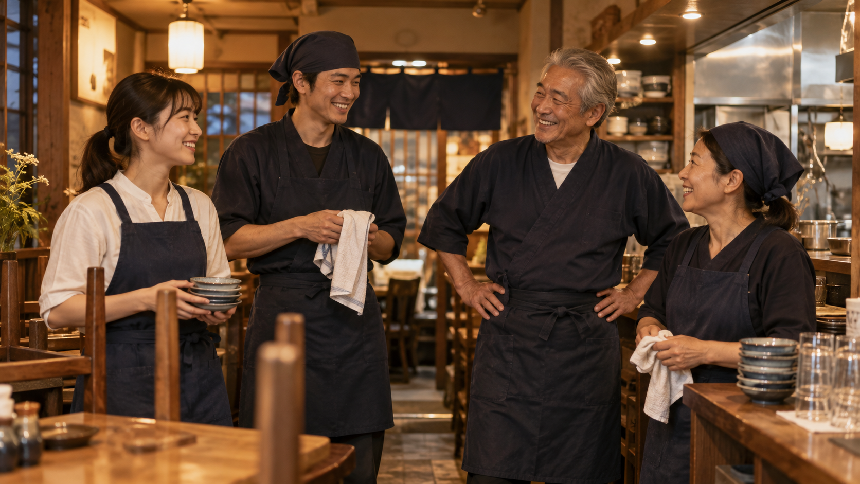 穏やかに営業を終える世代の異なるスタッフ（AI生成イメージ）