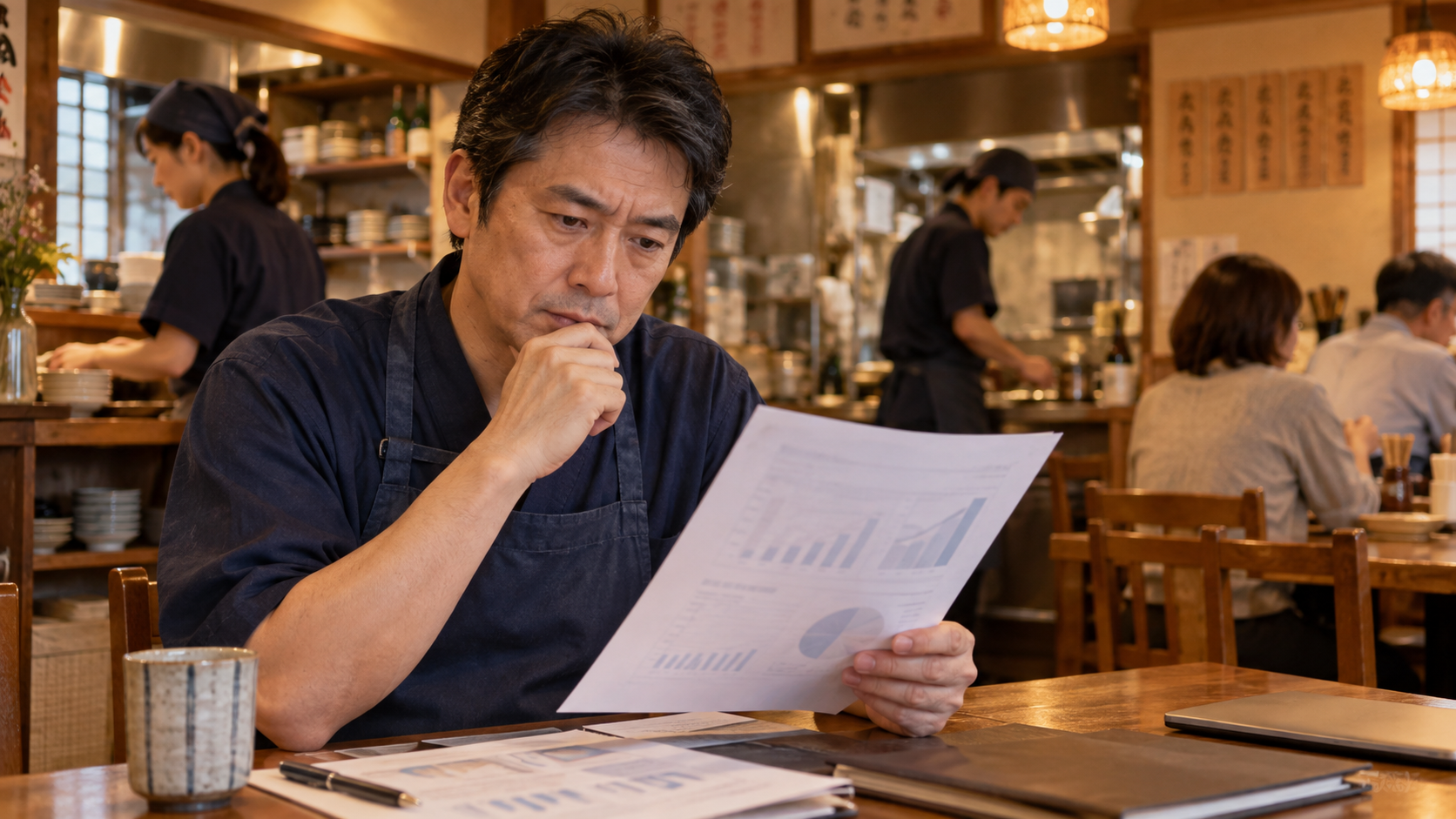 調査資料を読み働き方を考える飲食店経営者（AI生成イメージ）