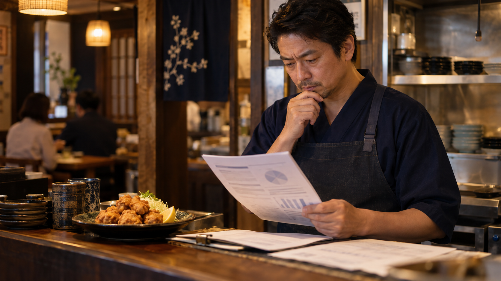 唐揚げ店の経営資料を読み解く店主（AI生成イメージ）