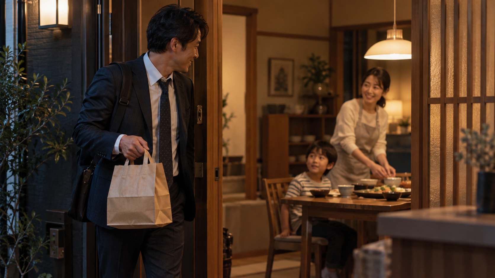 夕食用の持ち帰り商品を家族の食卓へ届ける場面（AI生成イメージ）