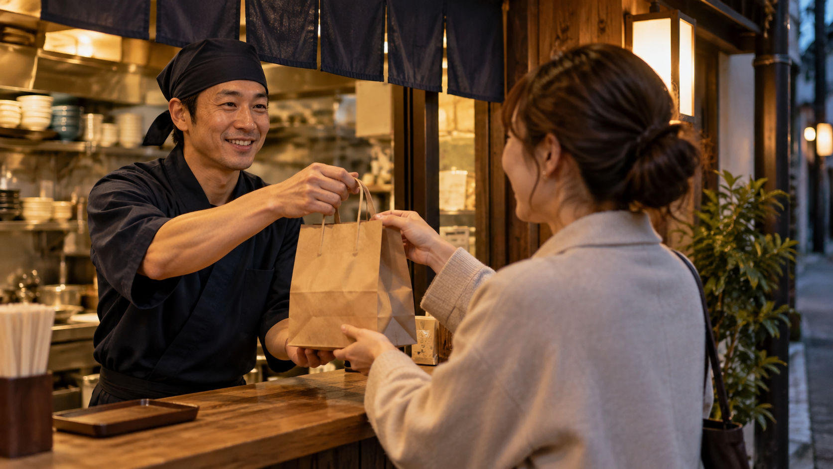 地域のお客様へ持ち帰り商品を手渡すスタッフ（AI生成イメージ）
