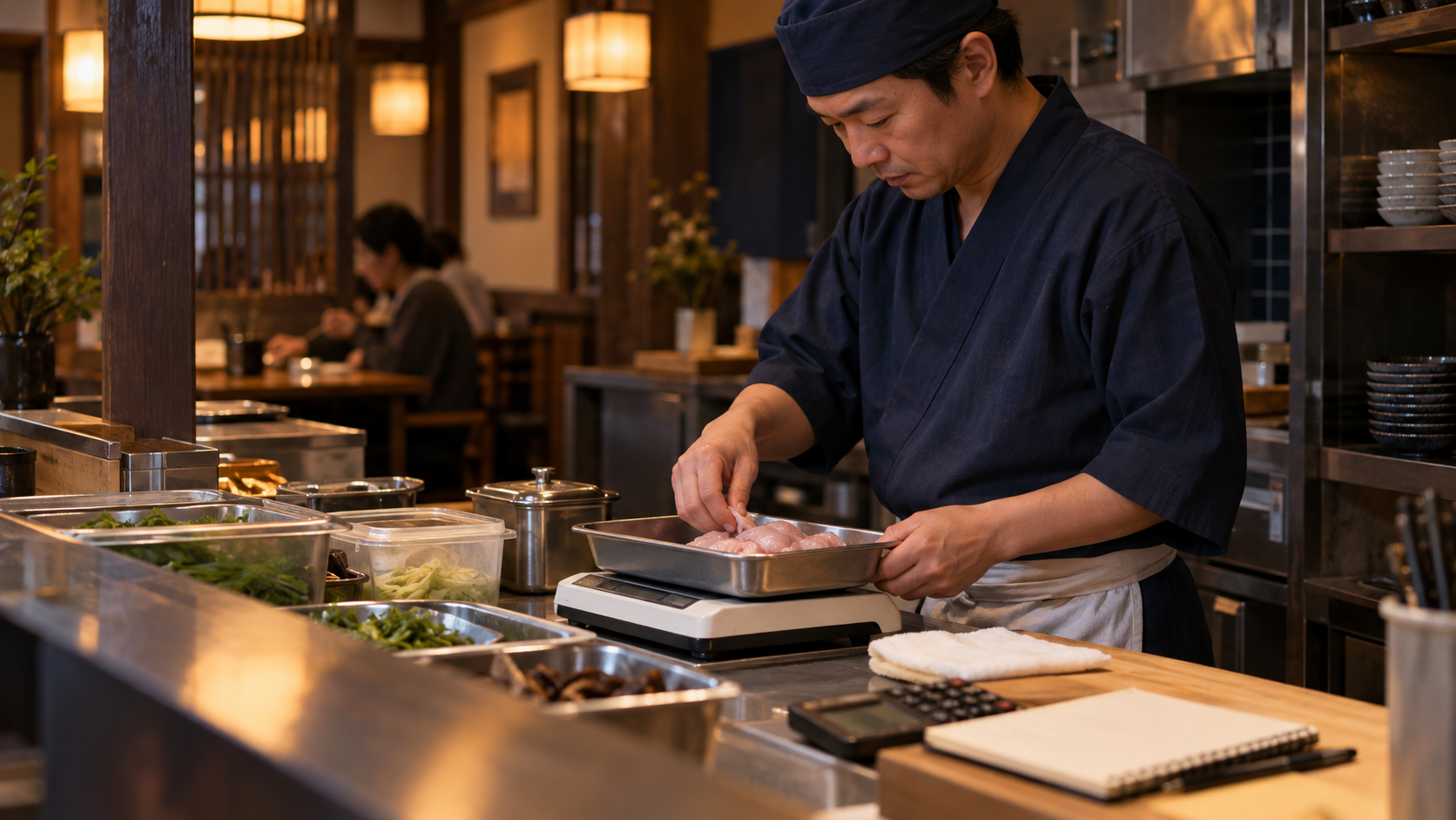 一食の材料の量と原価を確認する仕込み作業（AI生成イメージ）
