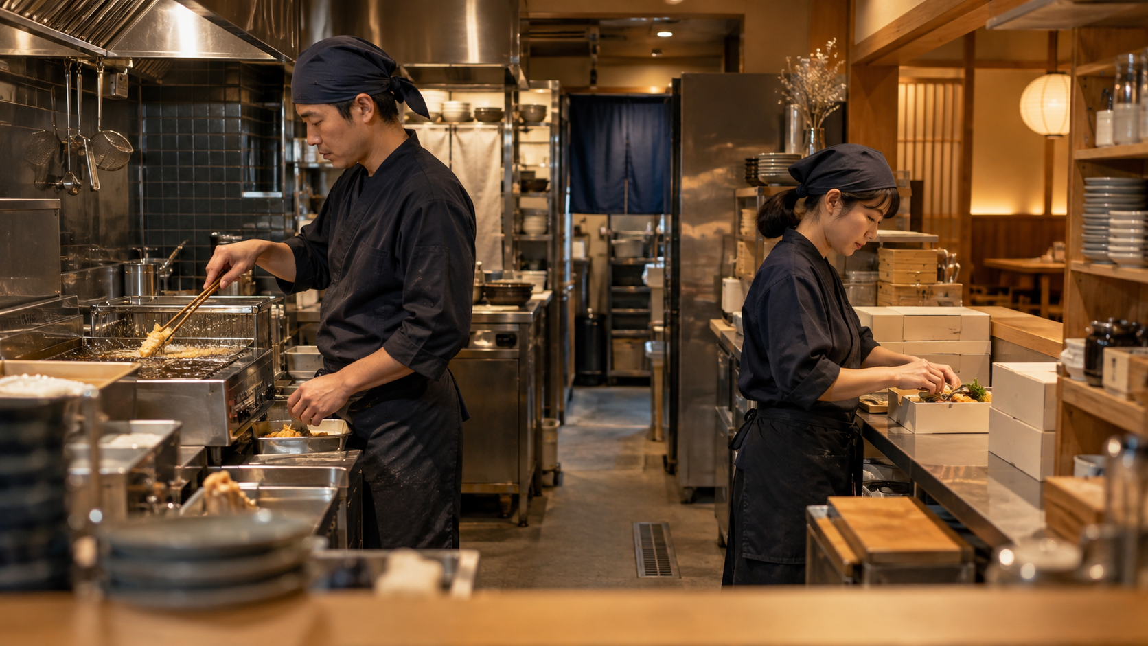 調理と包装を分担する小規模飲食店の厨房（AI生成イメージ）