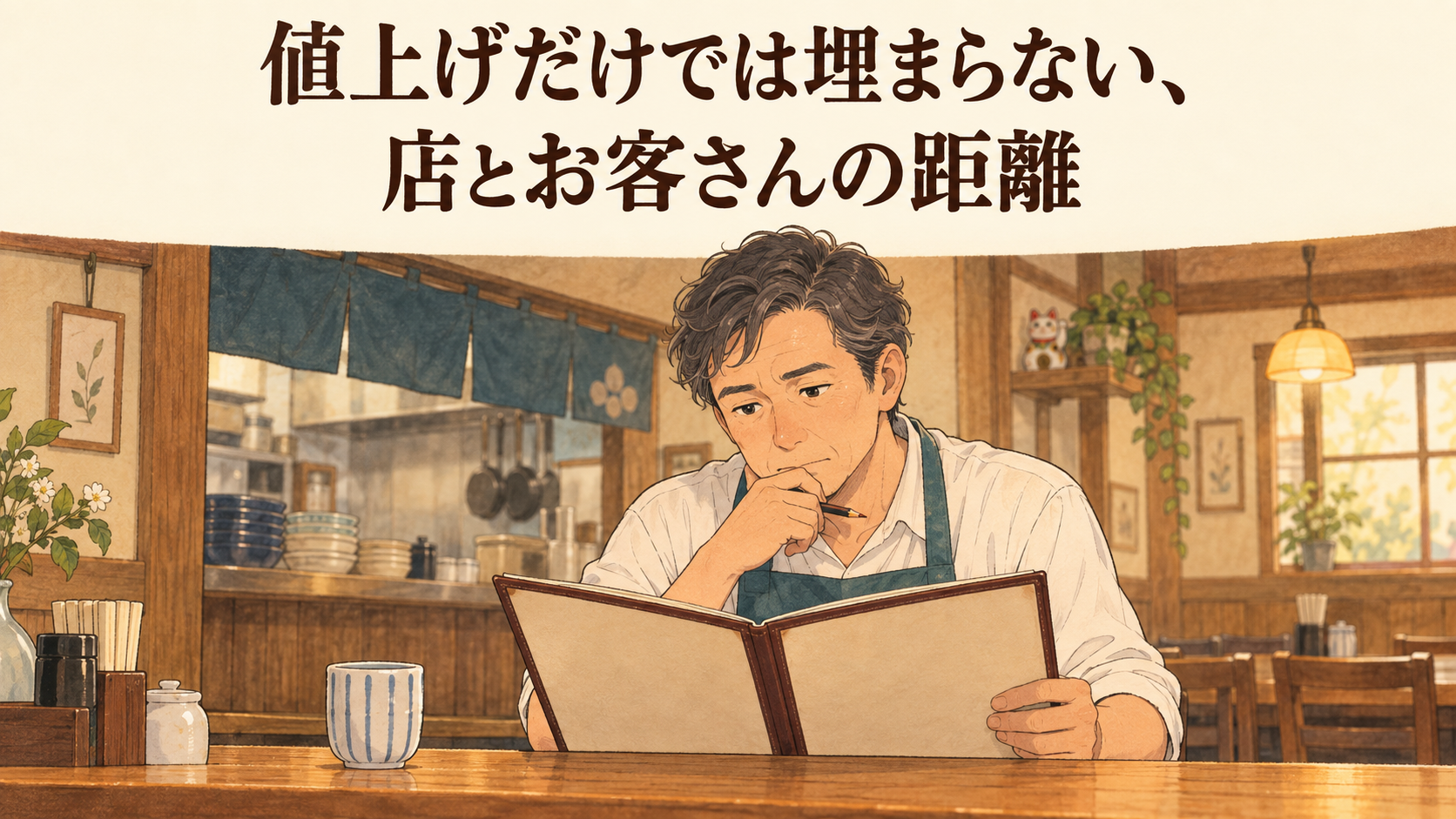 メニューを見ながら価格を考える食堂の店主のイメージ