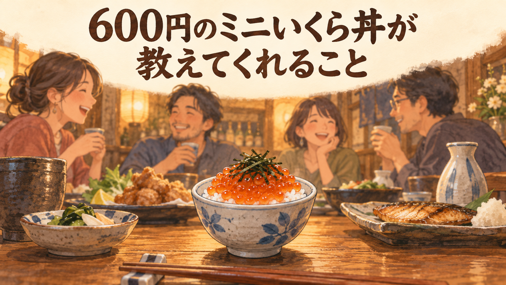 仲間との食卓に追加された、小ぶりなミニいくら丼のイメージ