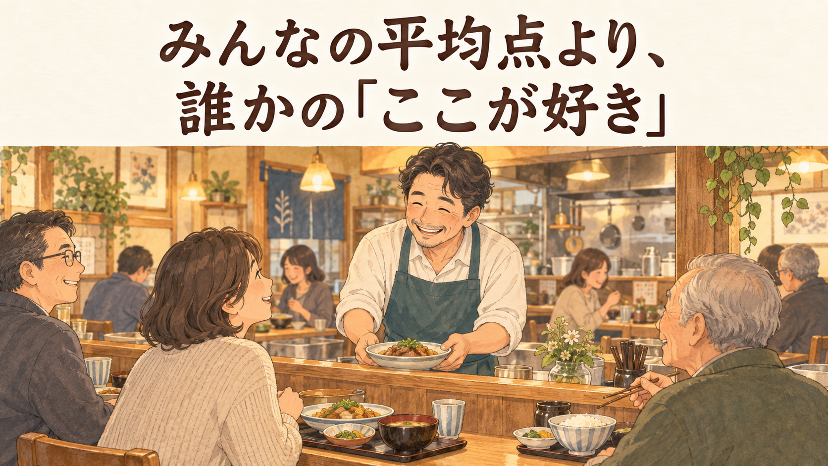 常連客とスタッフが自然に会話を交わす、居心地のよい食堂のイメージ