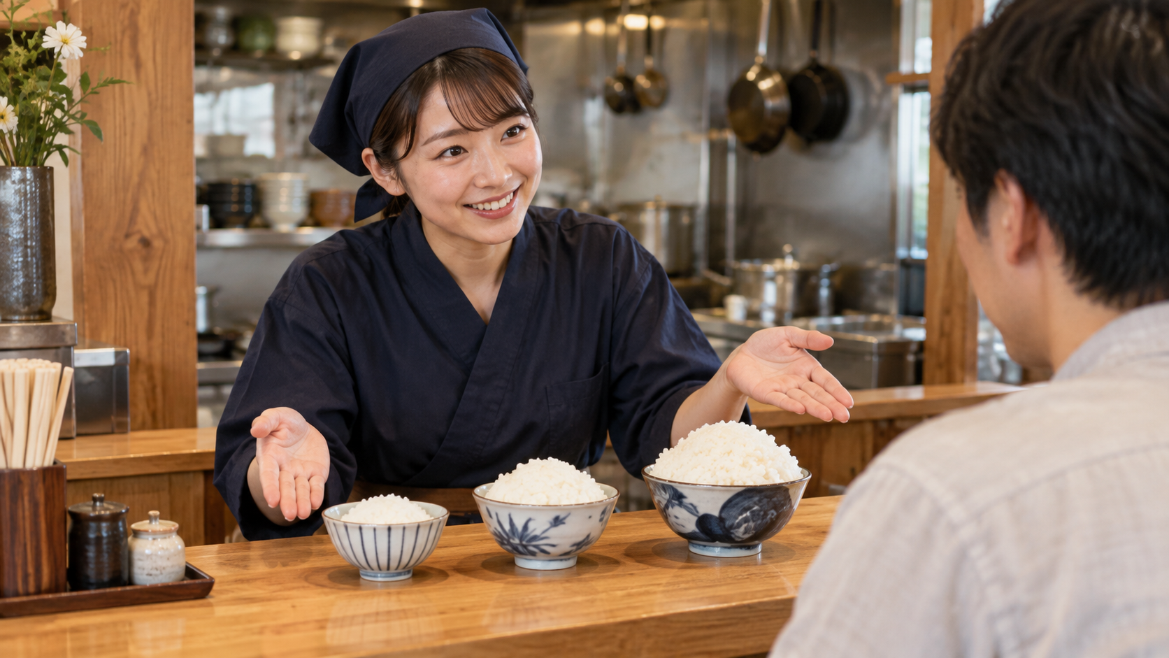 小盛り・普通盛り・大盛りのご飯量を丁寧に案内するスタッフ