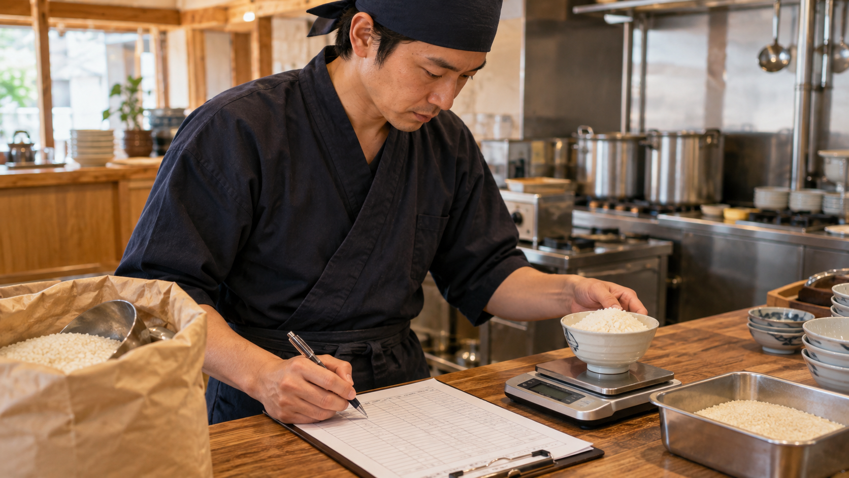 厨房で一膳のご飯を計量し原価を記録する料理人