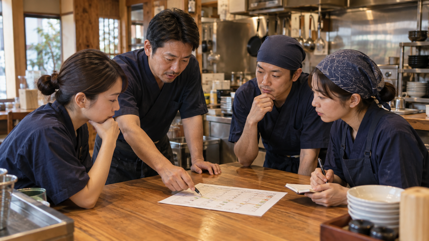 二週間の改善記録を囲み短時間で振り返る飲食店チーム