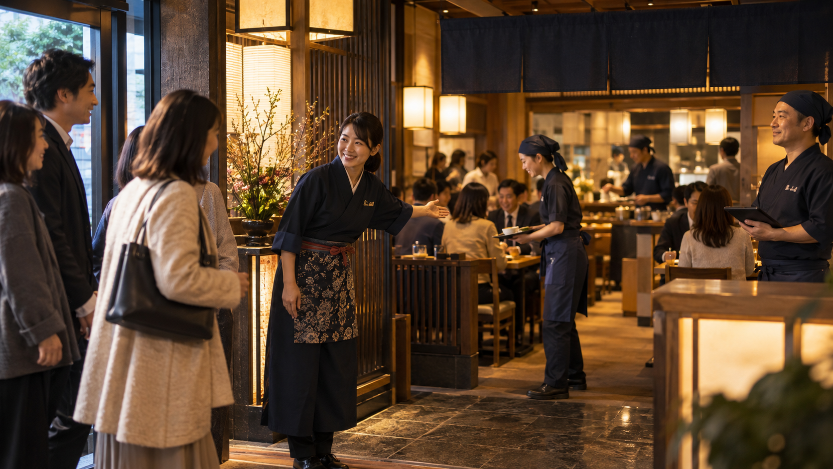 急な来店にも落ち着いて案内と応援を行う飲食店スタッフ