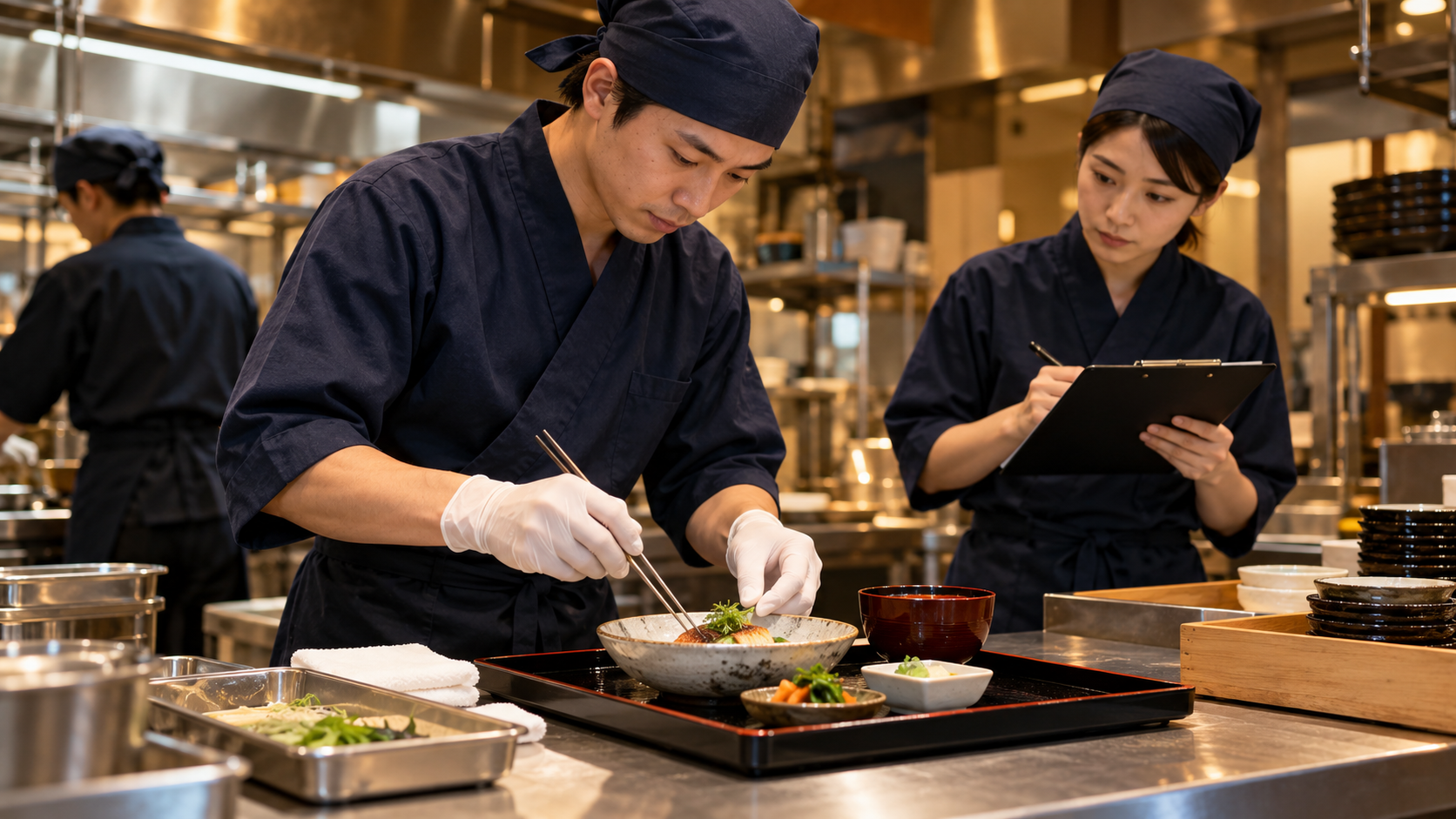 清潔な器具と専用トレーで注文を準備する料理人