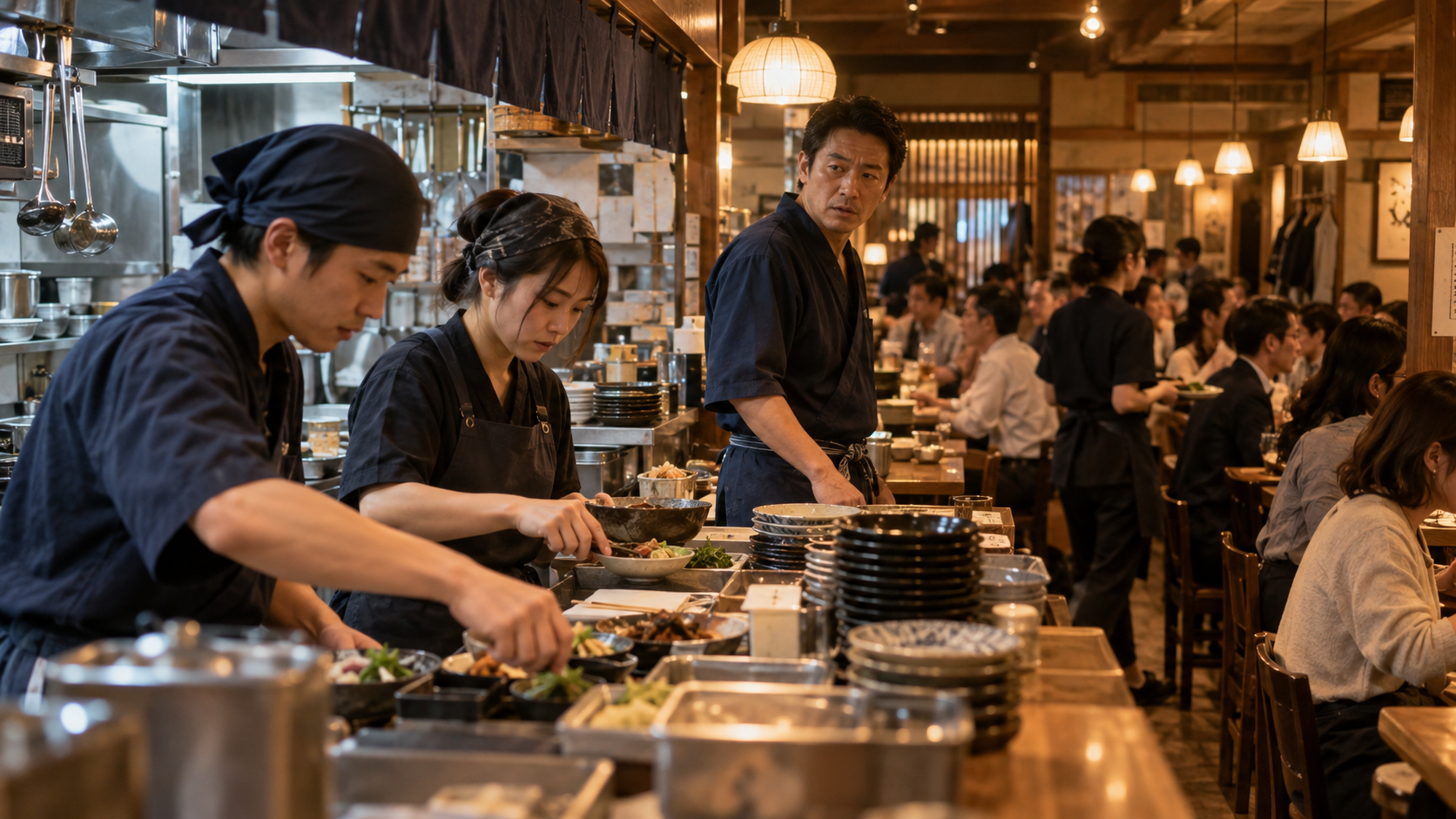 少人数で忙しい営業を続けるスタッフと全体を見る店長