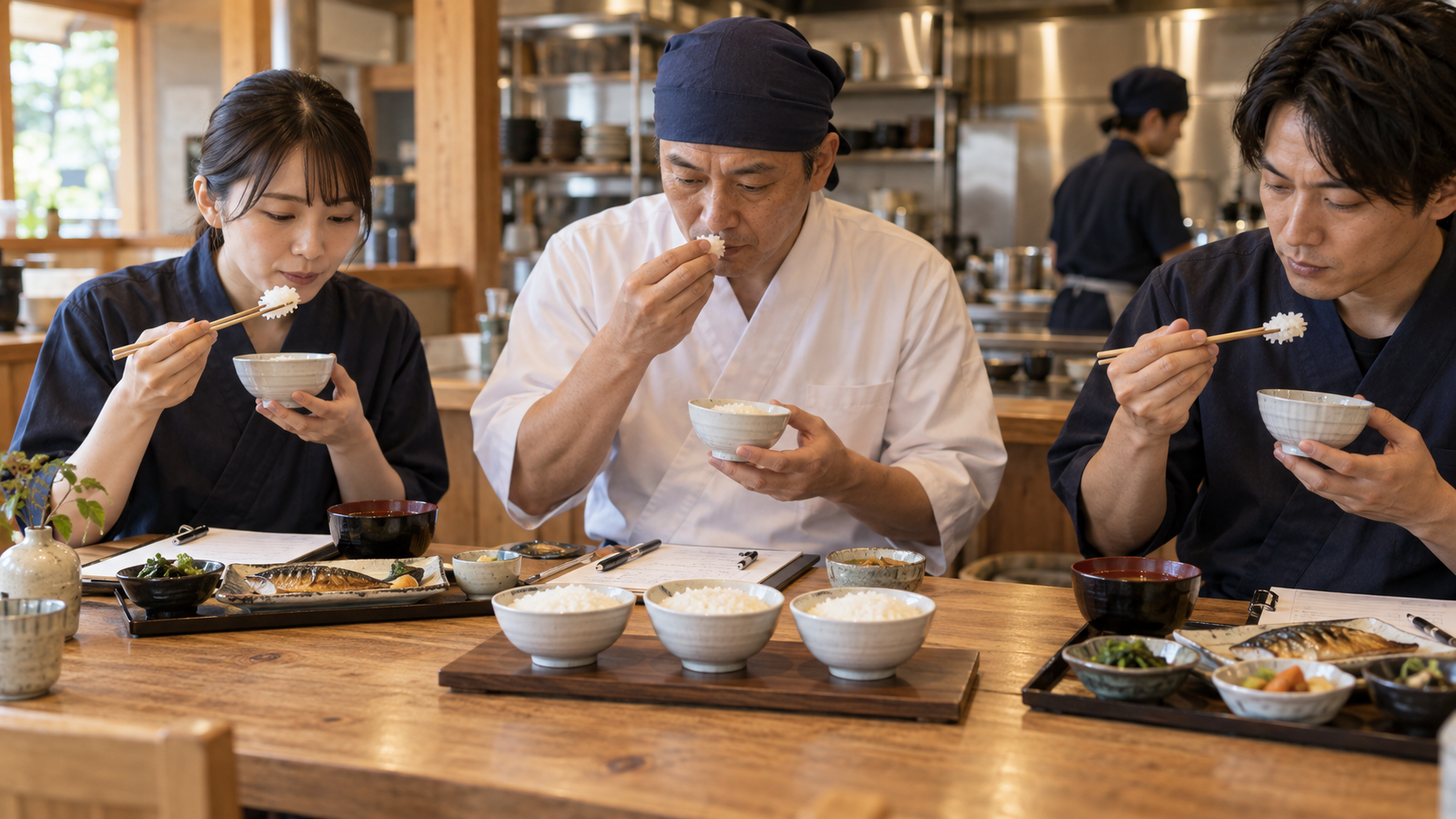 三種類のご飯を料理と合わせて比較試食する店舗スタッフ