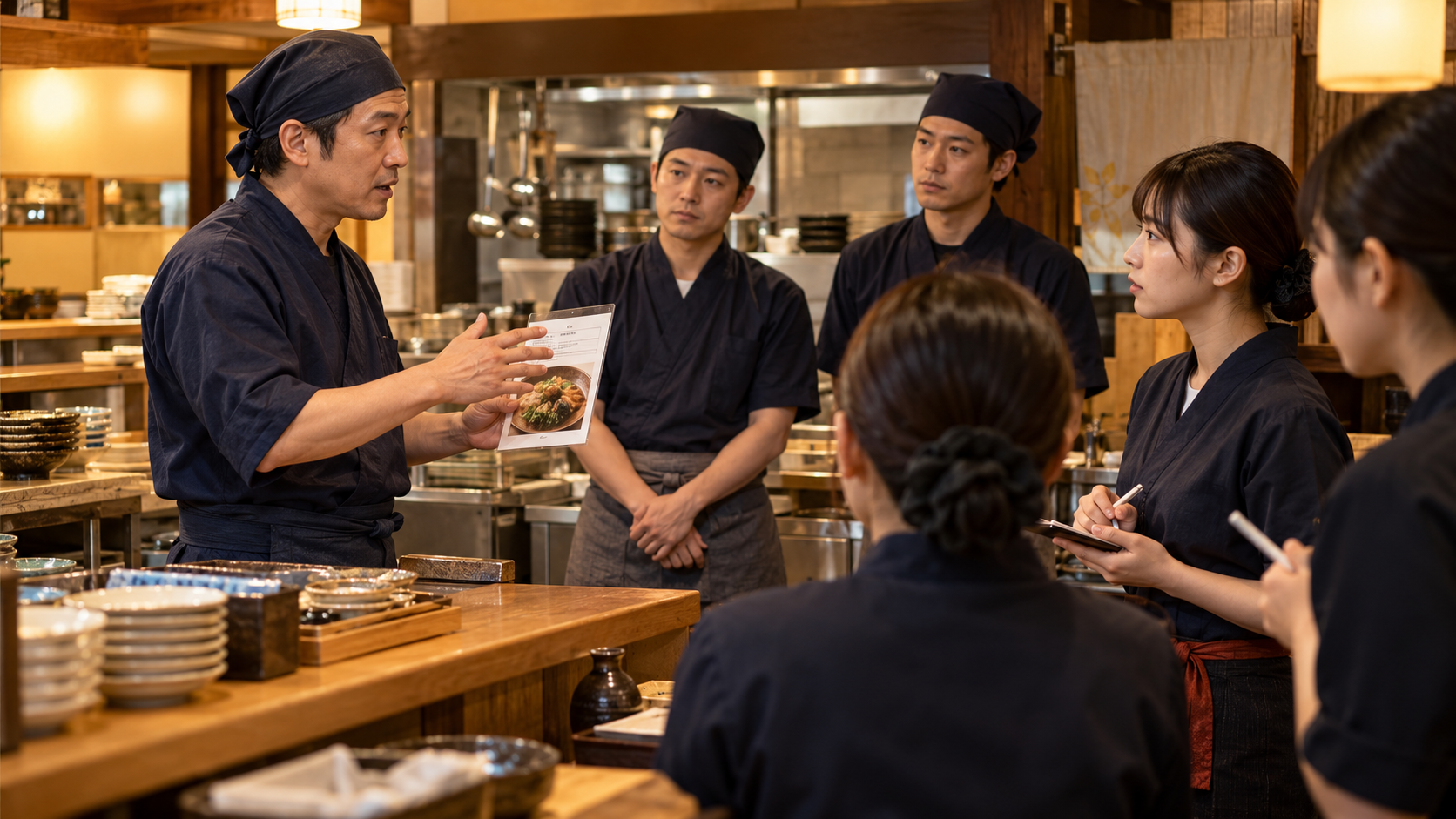 食物アレルギー注文の対応を開店前に練習するスタッフ