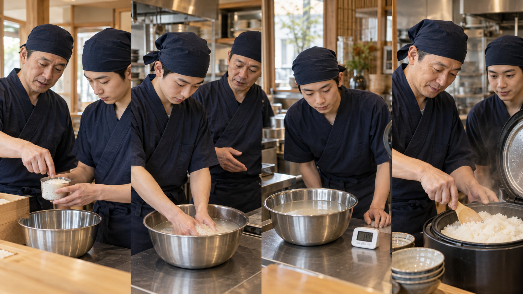 計量から炊き上がりまでの炊飯手順を店長が若手へ教える様子