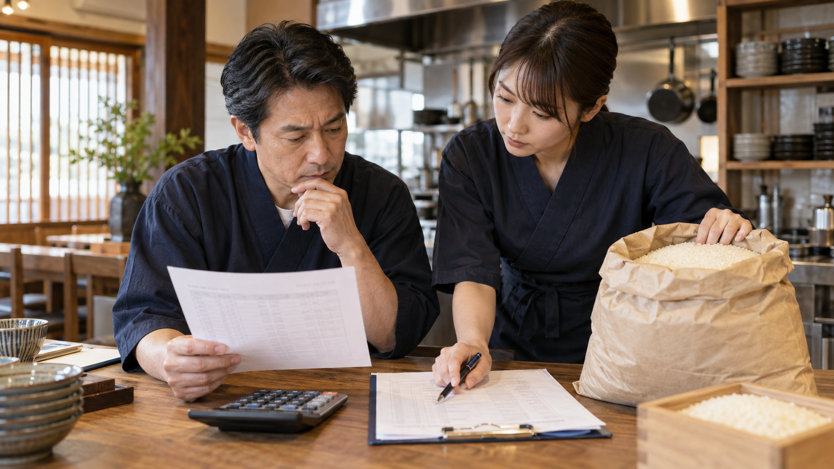 米袋と価格表を前に米価の動きを確認する飲食店の経営者と店長