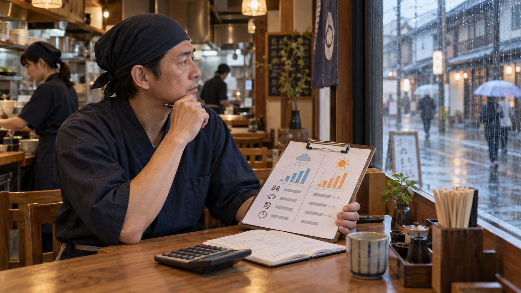 雨の日と晴れの日の店舗データを比較する店長