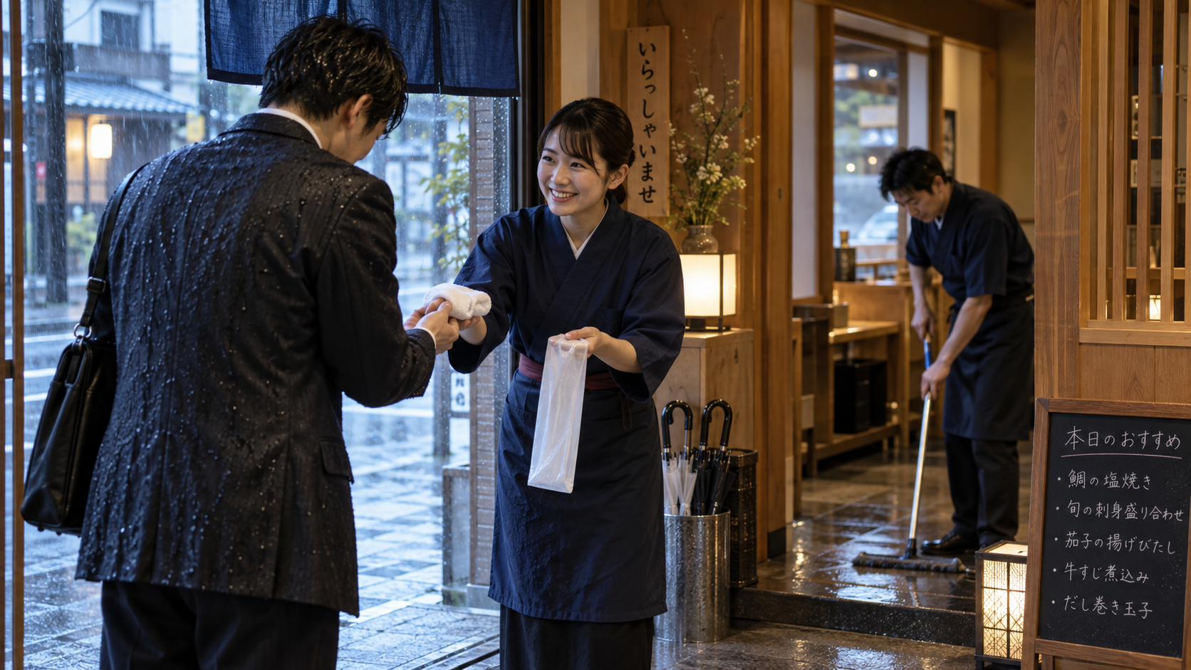 雨に濡れたお客様へタオルと傘袋を渡すスタッフ