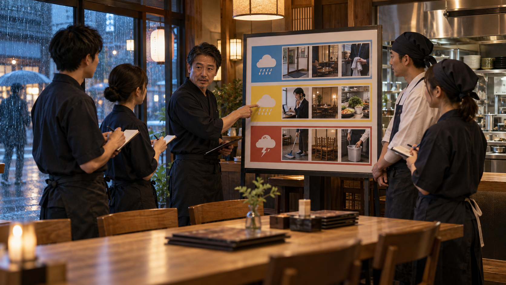 雨天対応の三段階基準をスタッフへ伝える店長