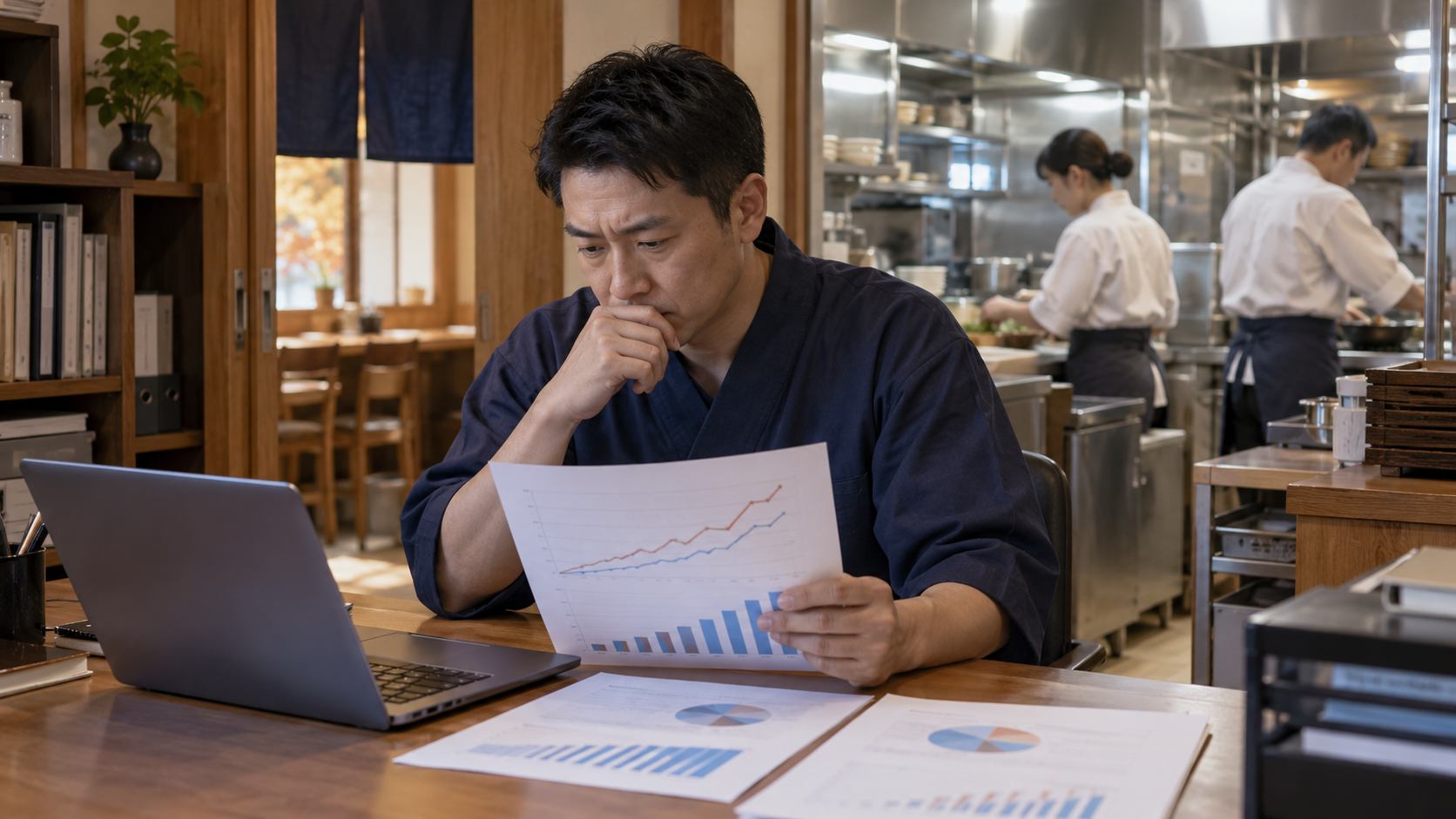 食中毒の増加傾向を示す統計資料を確認する和食店の店長
