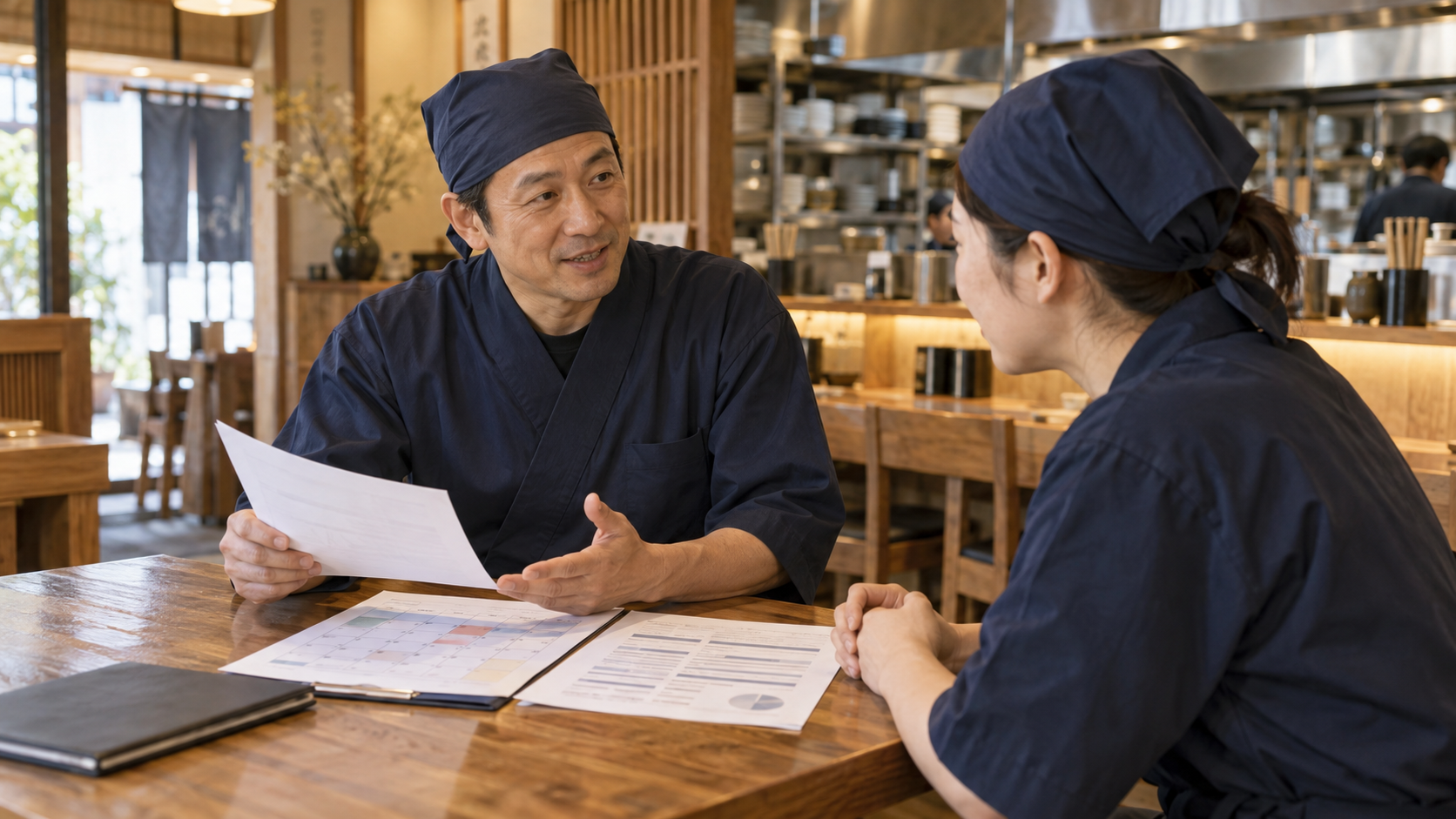 飲食店の店長がスタッフと勤務時間や社会保険について個別に確認する様子