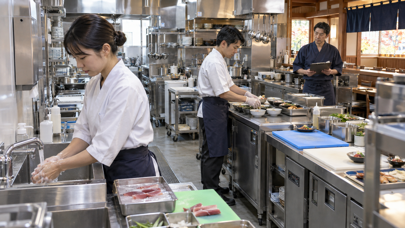 手洗いと手袋の使用、調理動線の分離を実践する和食店の厨房