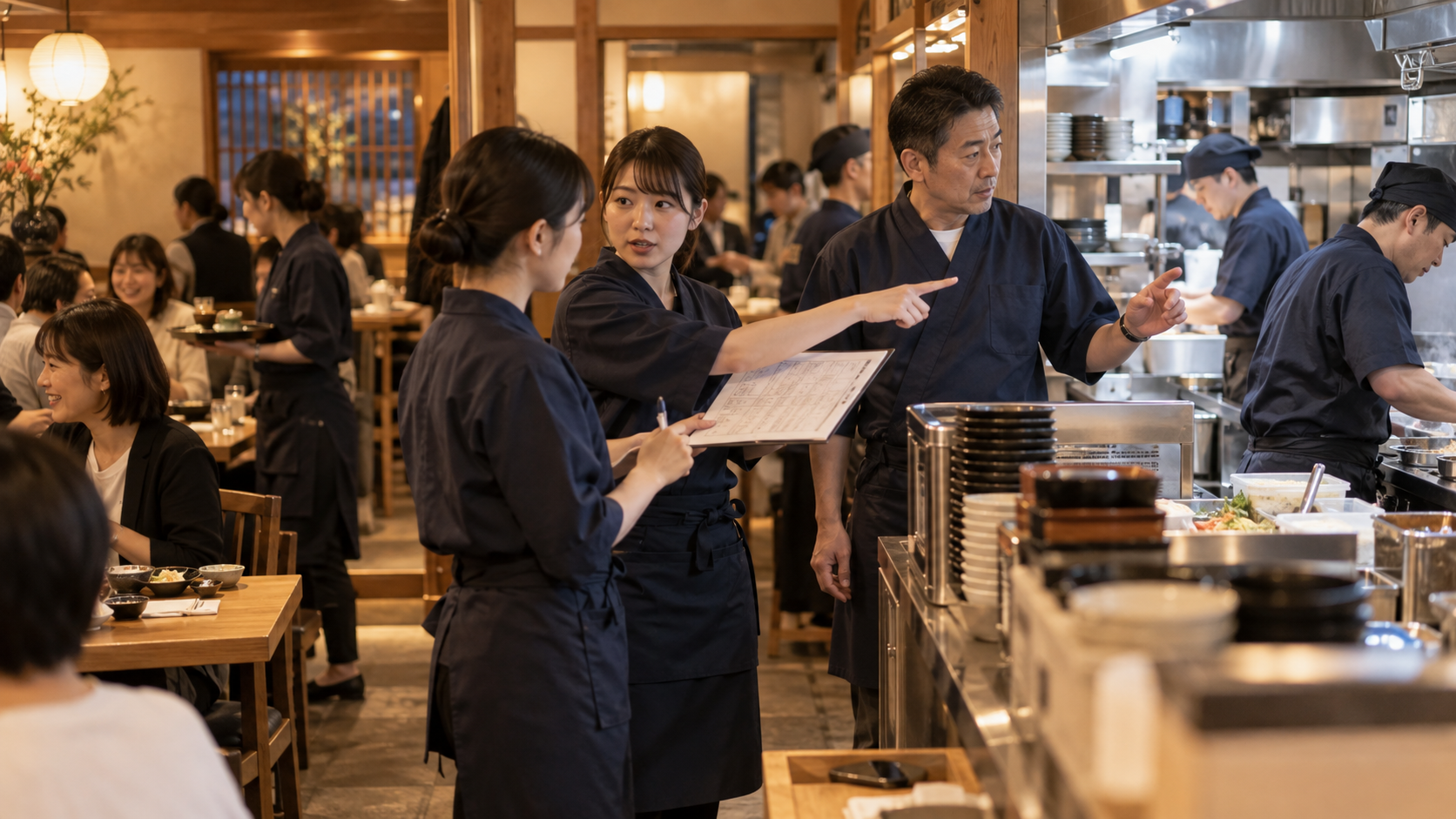 飲食店の繁忙時間帯にスタッフ同士が引き継ぎを行う様子