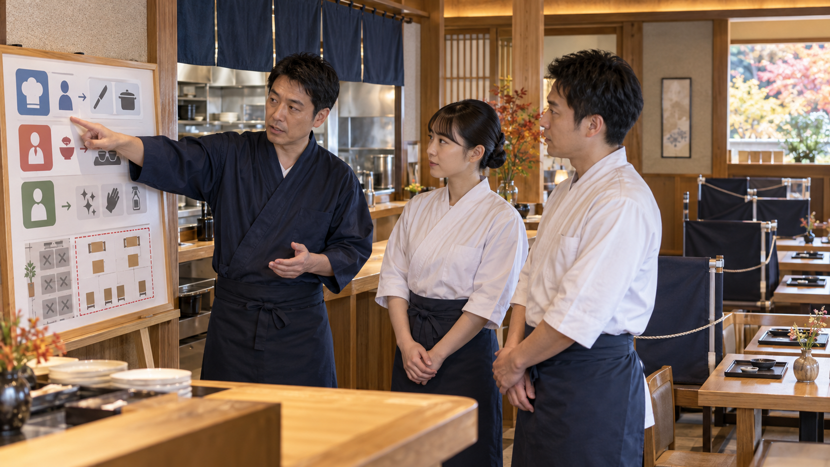 縮小営業の方針と当日の役割分担をスタッフへ説明する店長