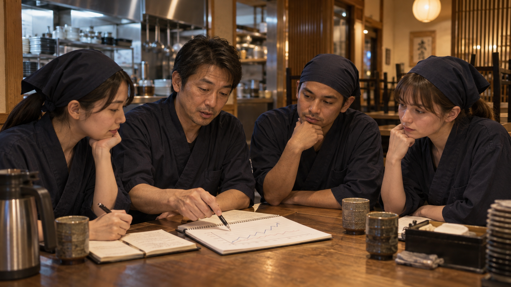 14日間のシフト検証後に店長とスタッフが結果を振り返る様子
