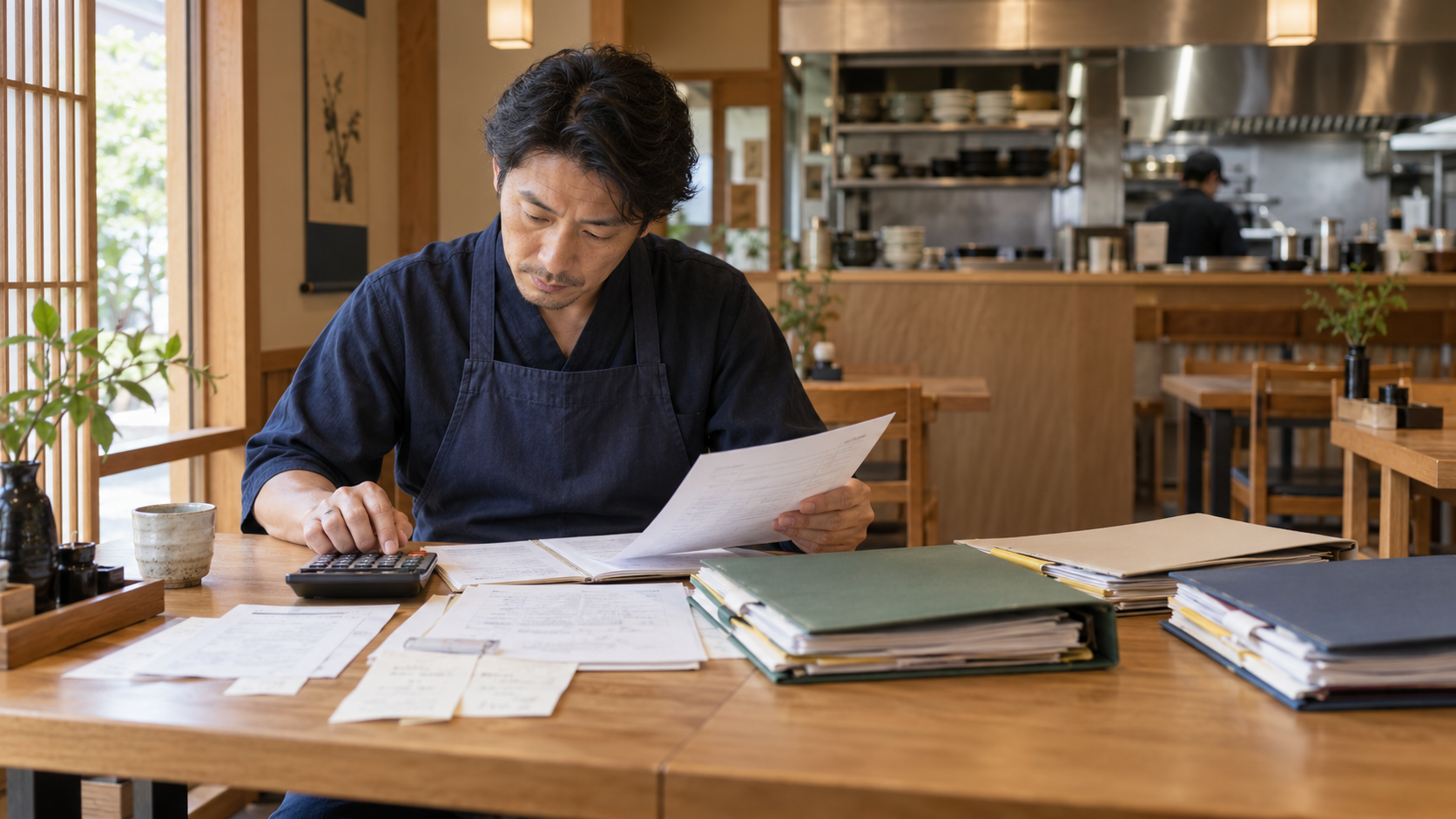 インボイス制度変更による実際の負担額を確認する店長