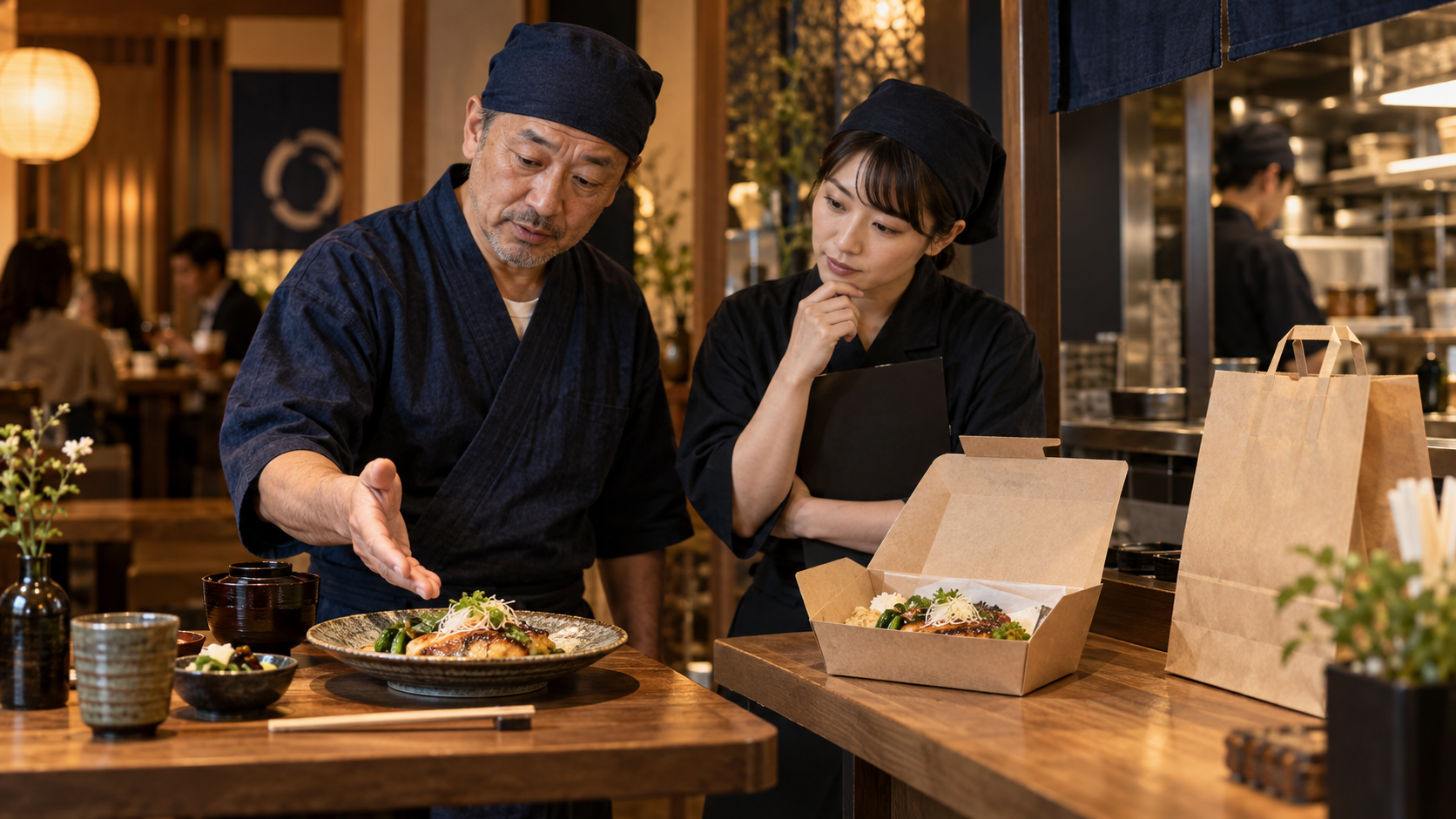同じ料理の店内提供と持ち帰り提供を比較する飲食店経営者