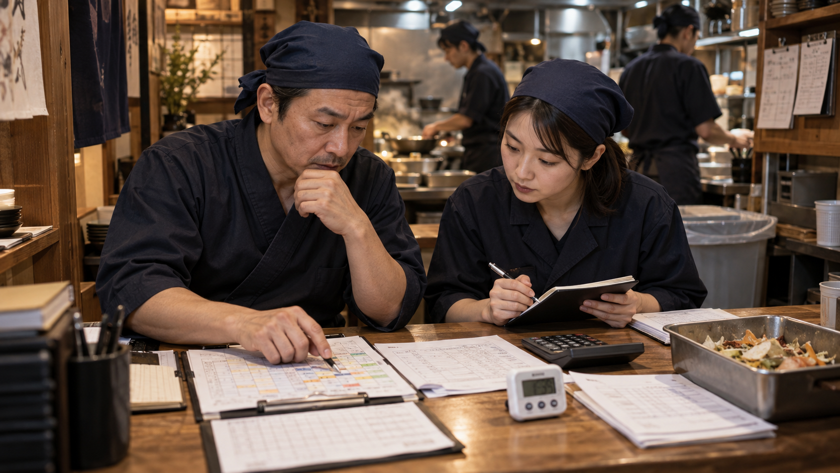 採用費だけでなく教育時間や廃棄を確認する店長と教育担当者
