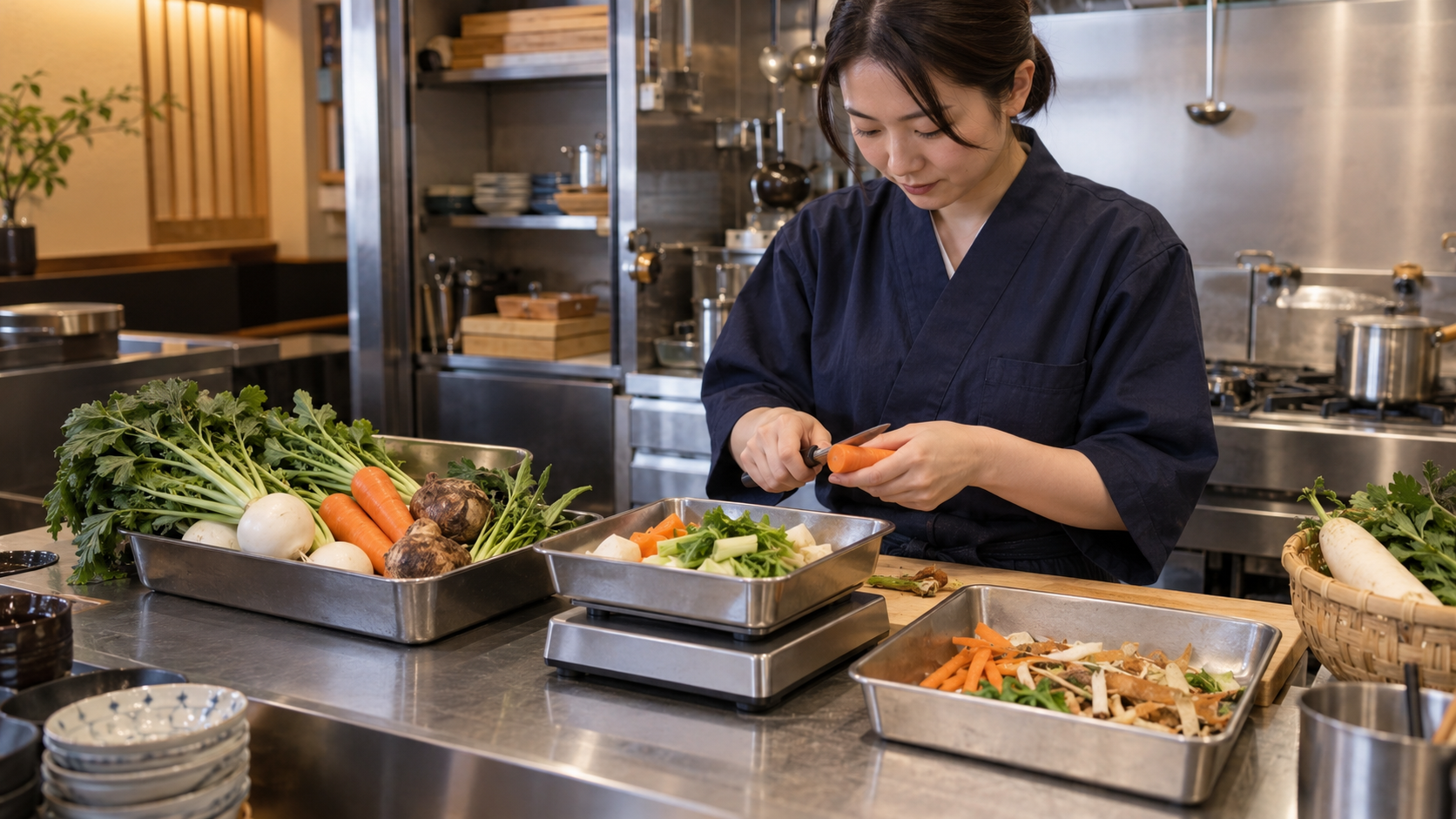仕入先の異なる食材の歩留まりと仕込み時間を比較する厨房