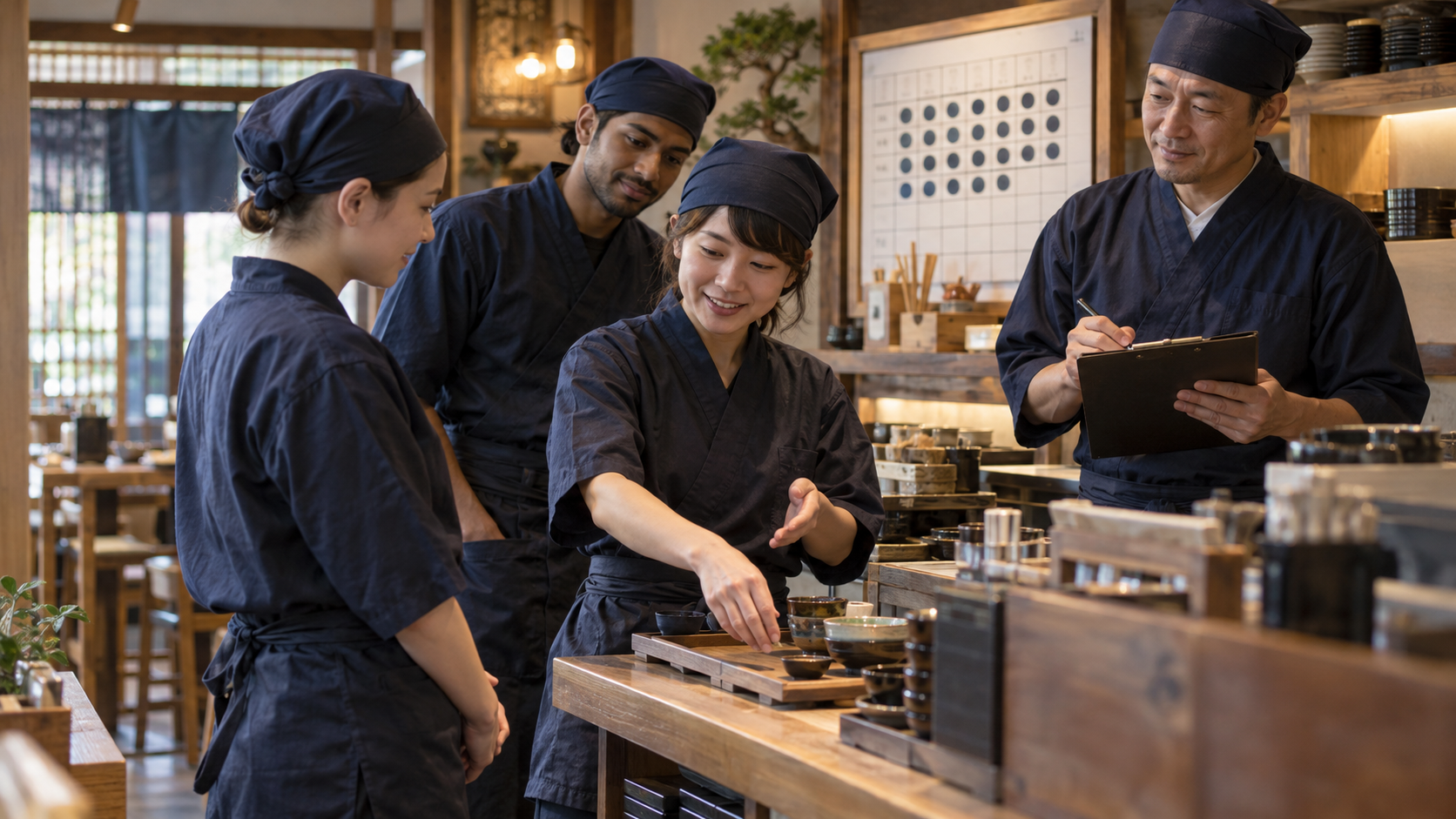 新人が次のスタッフを教えチームで改善を続ける飲食店