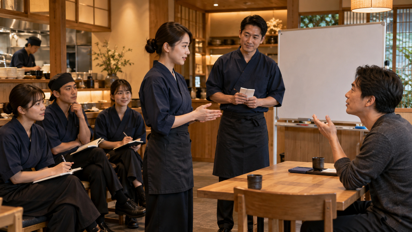開店前の飲食店で店長とスタッフがクレーム対応のロールプレイを行う様子