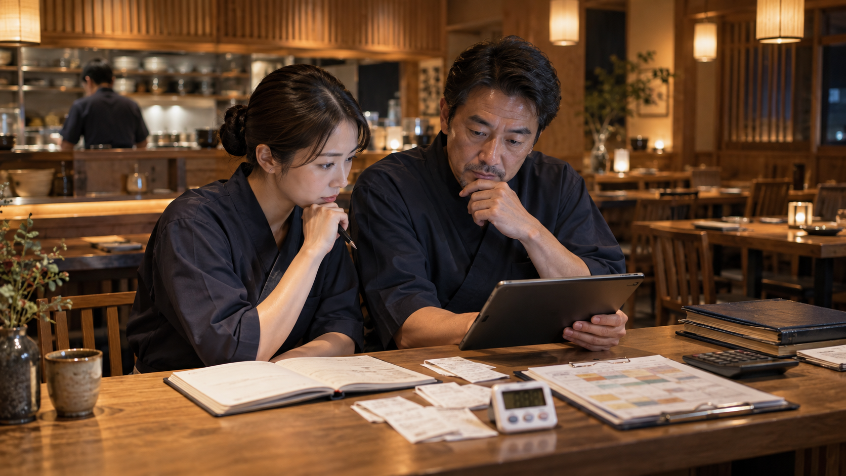 営業後に店長と責任者が対応時間や返金やシフトへの影響を確認する様子