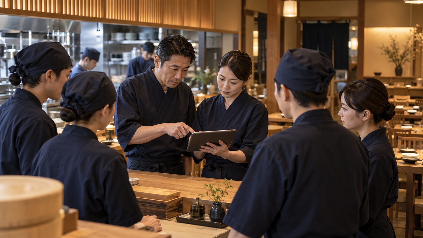 開店前に店長とスタッフがタブレットを囲みカスハラ対応方針を確認する様子