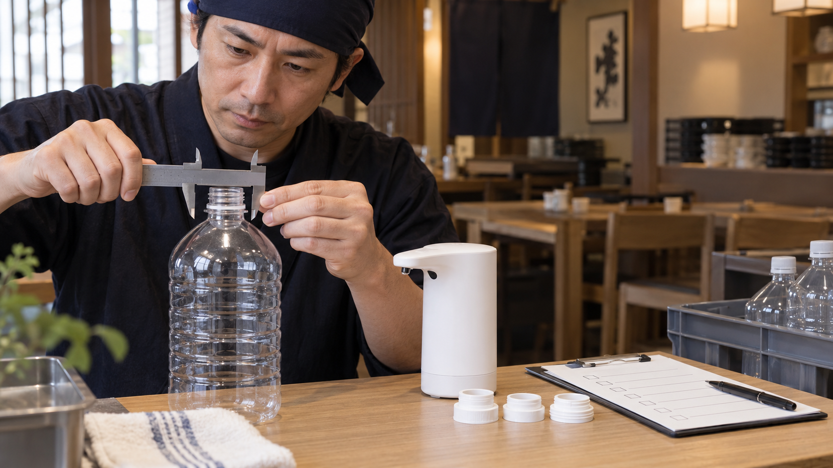 電動ディスペンサーを購入する前にペットボトルの口径を測る飲食店スタッフ