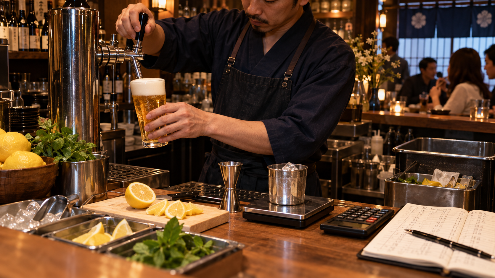 生ビールの注ぎ量と副材料を計測し一杯の原価を確認する様子