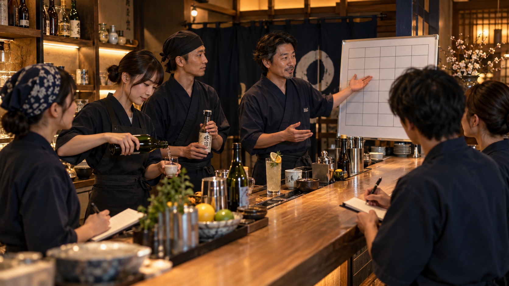 ドリンク提案と計量をスタッフで共有する開店前研修