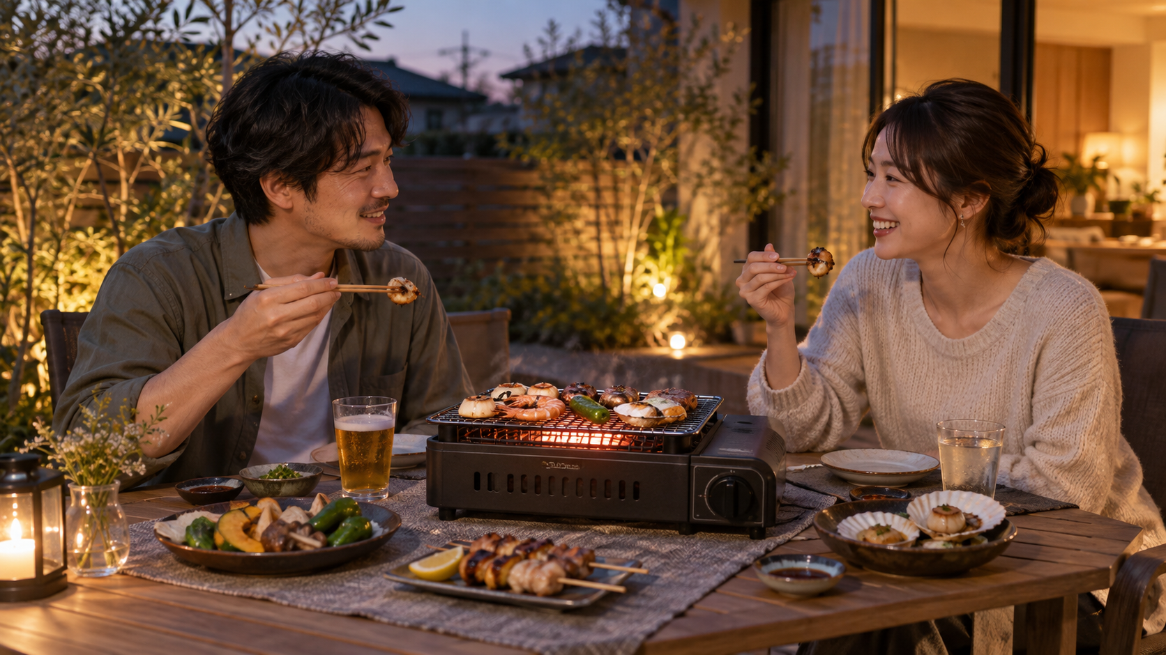 開放された屋外で二人が炉ばた焼きを少量ずつ楽しむイメージ