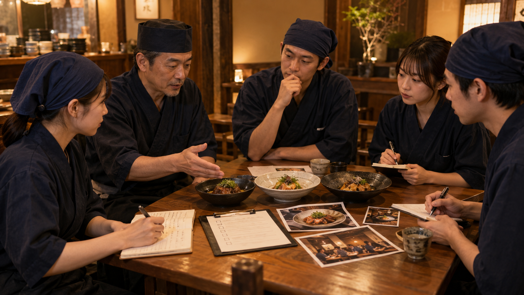 主力料理の記録を見ながら改善を話し合う飲食店チーム