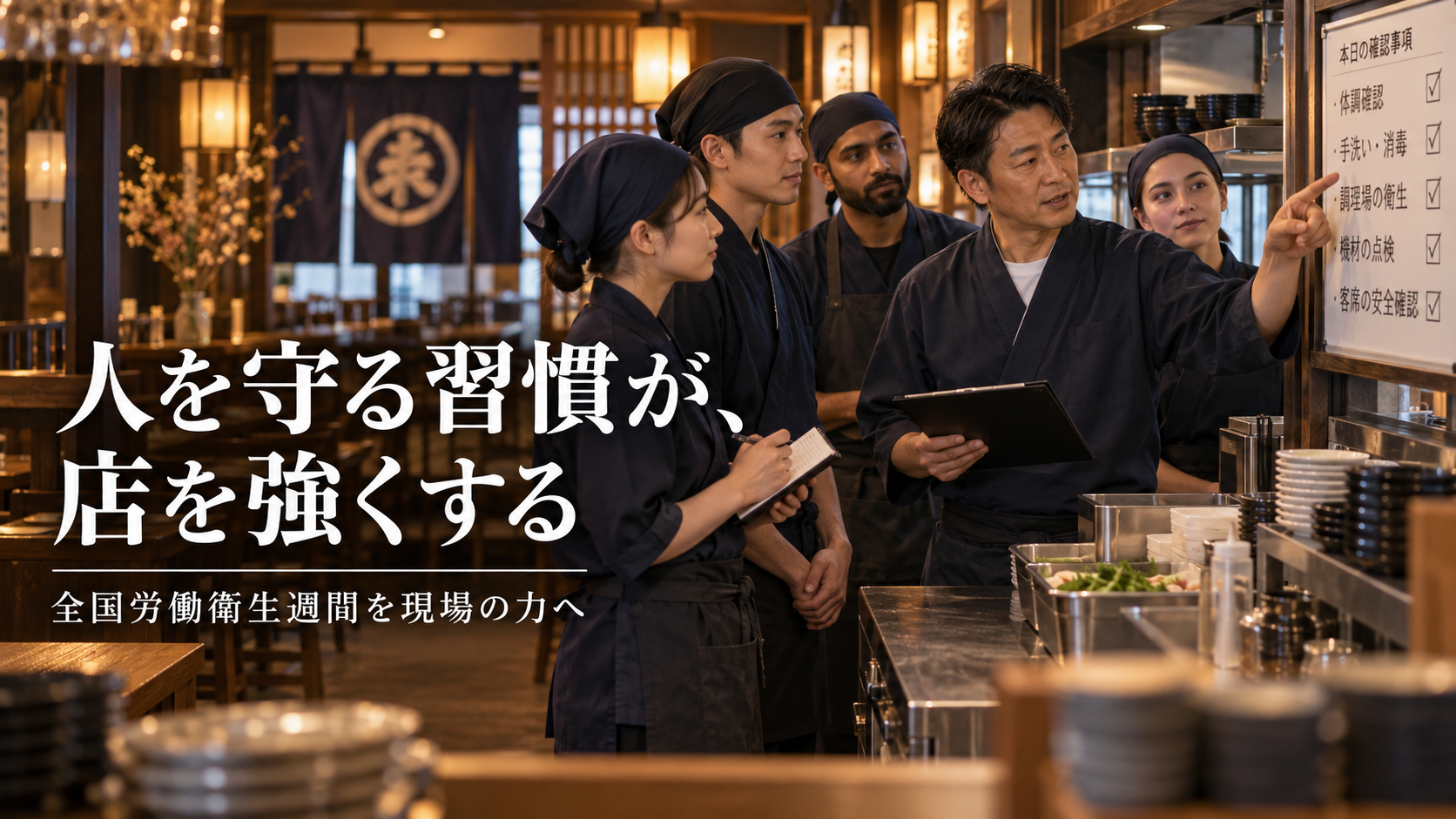 営業前に体調と役割を確認する飲食店スタッフ