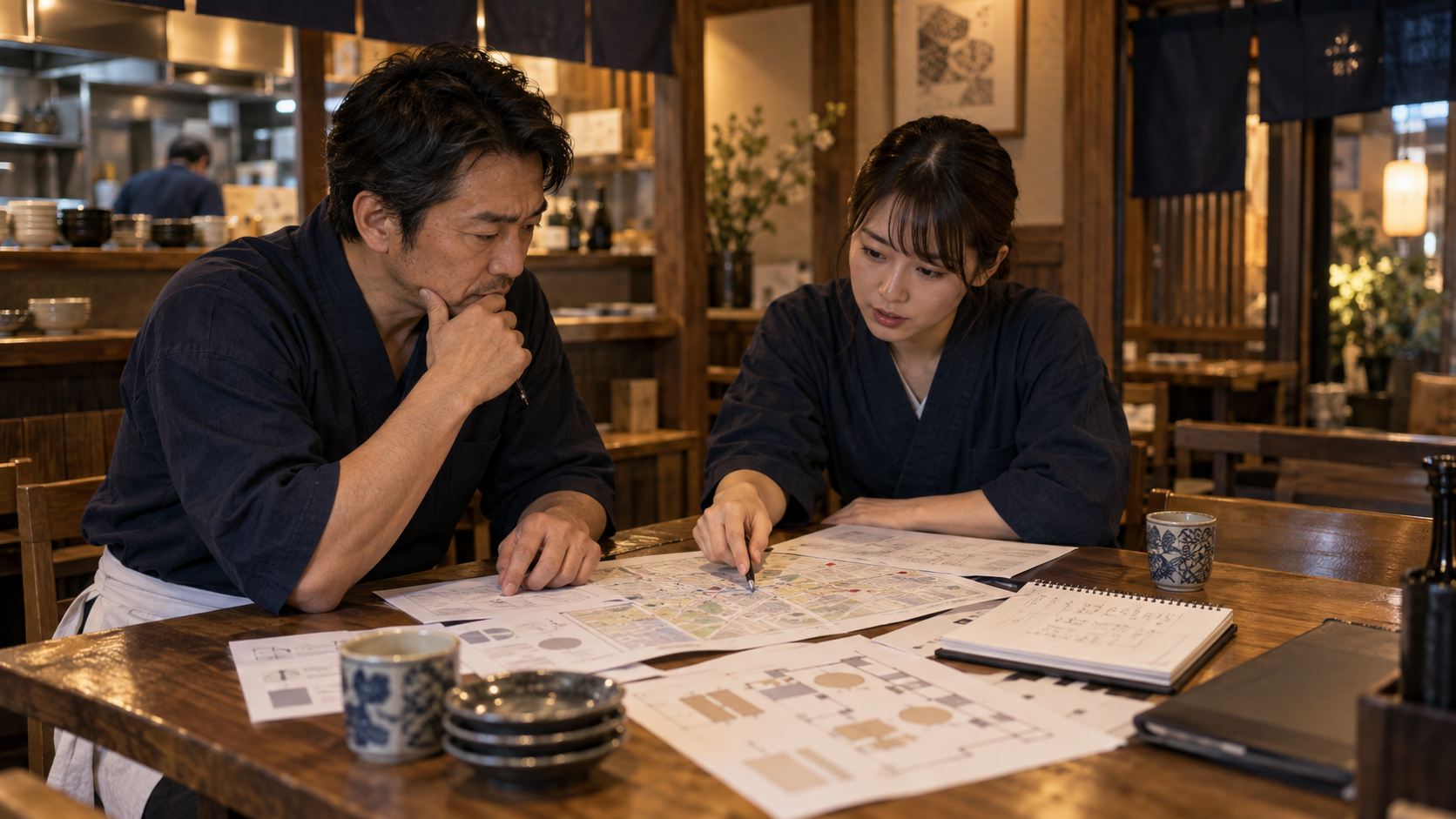地域地図と世帯構成を確認する店長とスタッフ
