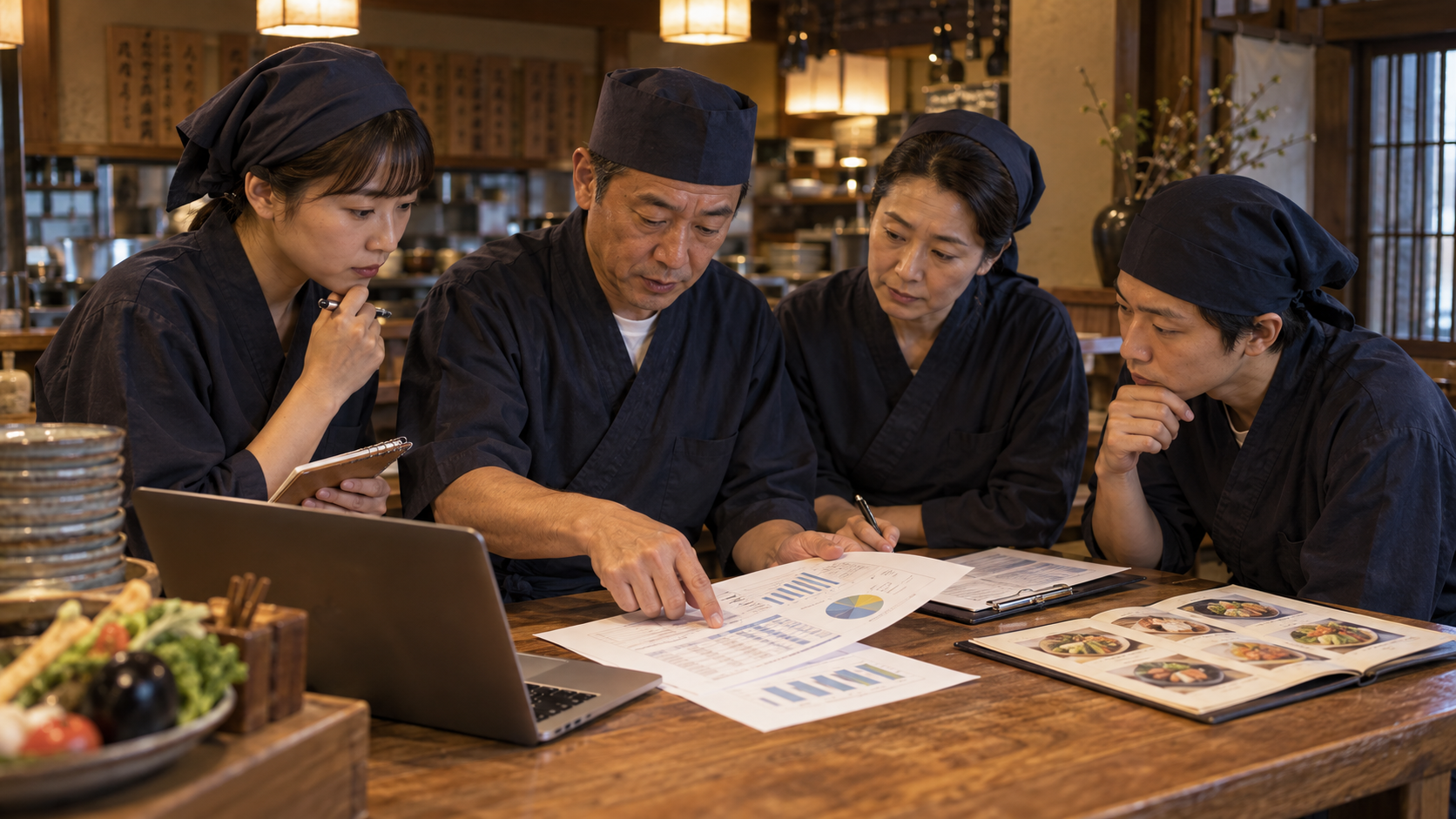 健康的な食環境の資料を確認する飲食店チーム