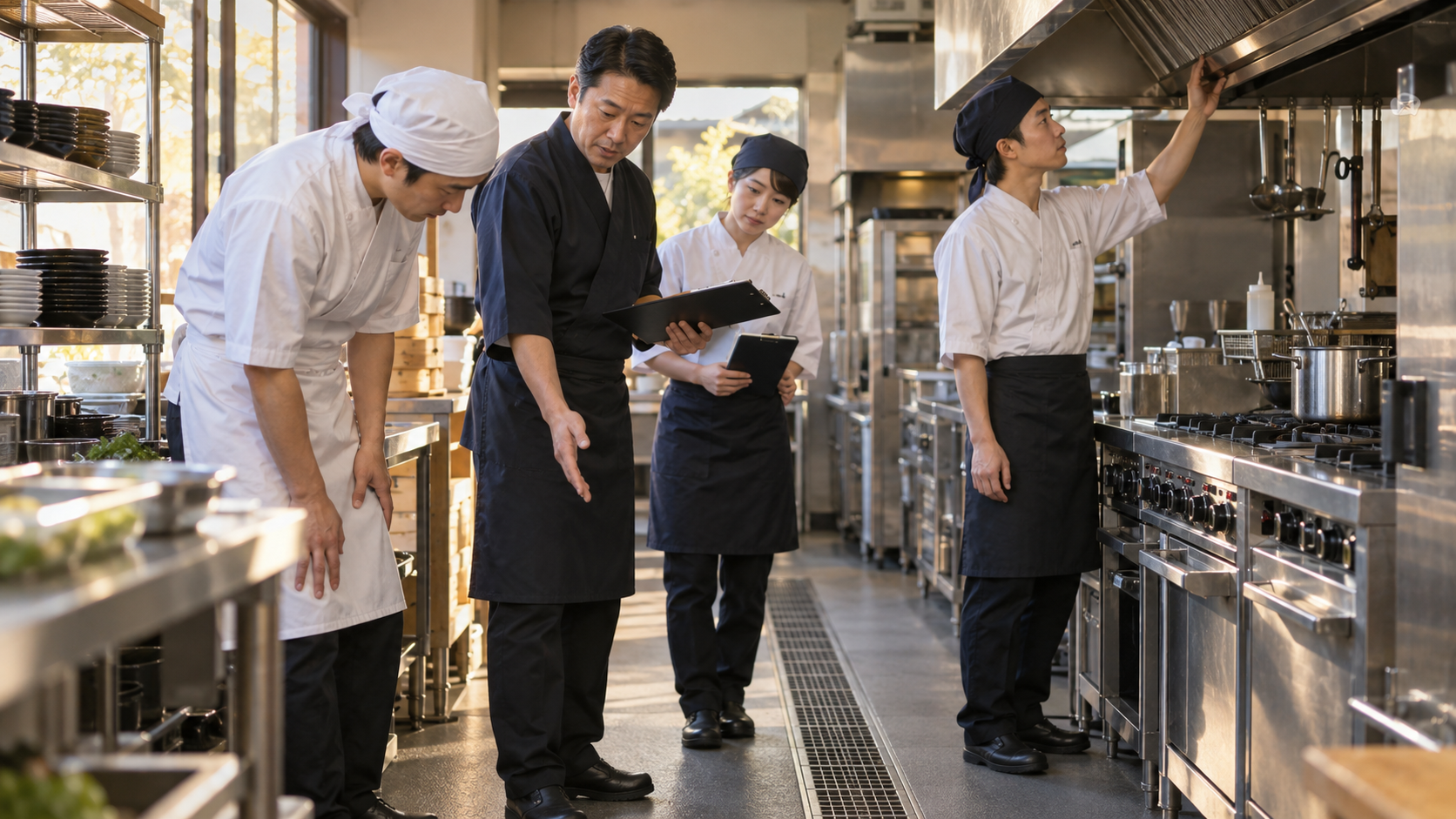 飲食店の厨房を巡視して安全状態を確認する店長