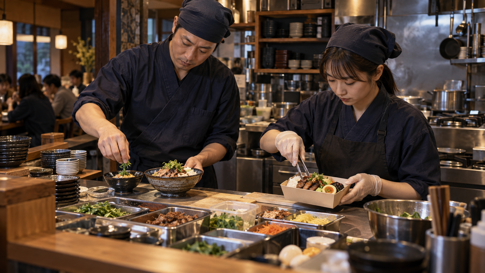 共通の仕込みから店内食と持ち帰りを作る厨房