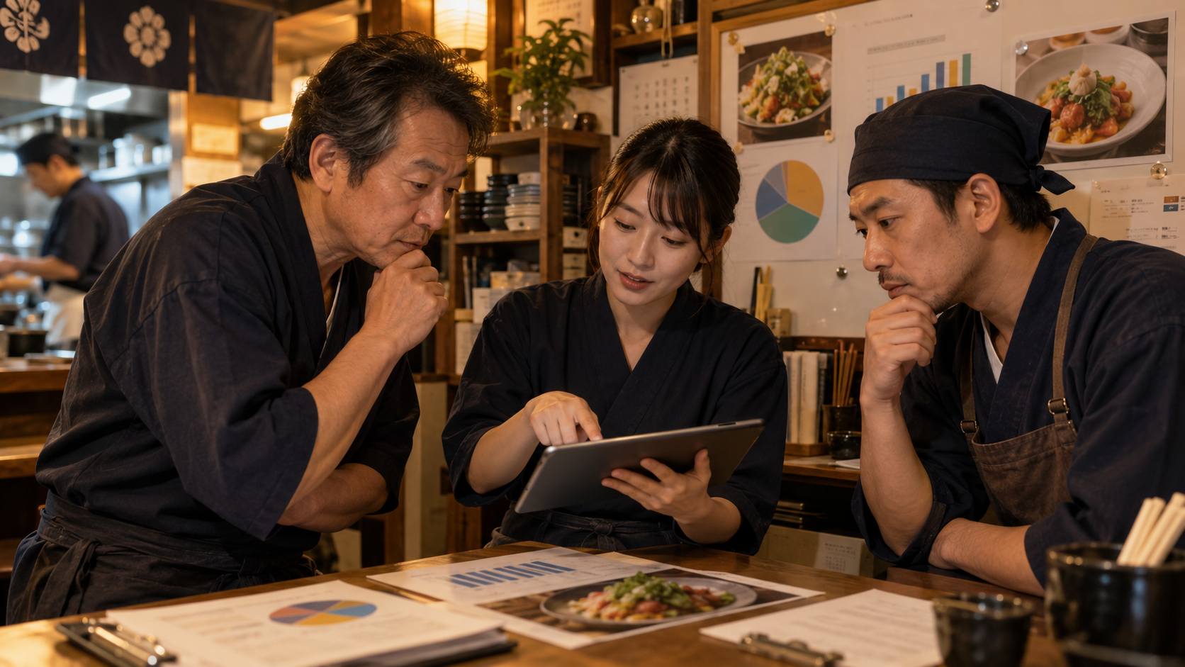 新しい料理の原価と作業時間を確認する経営者とスタッフ