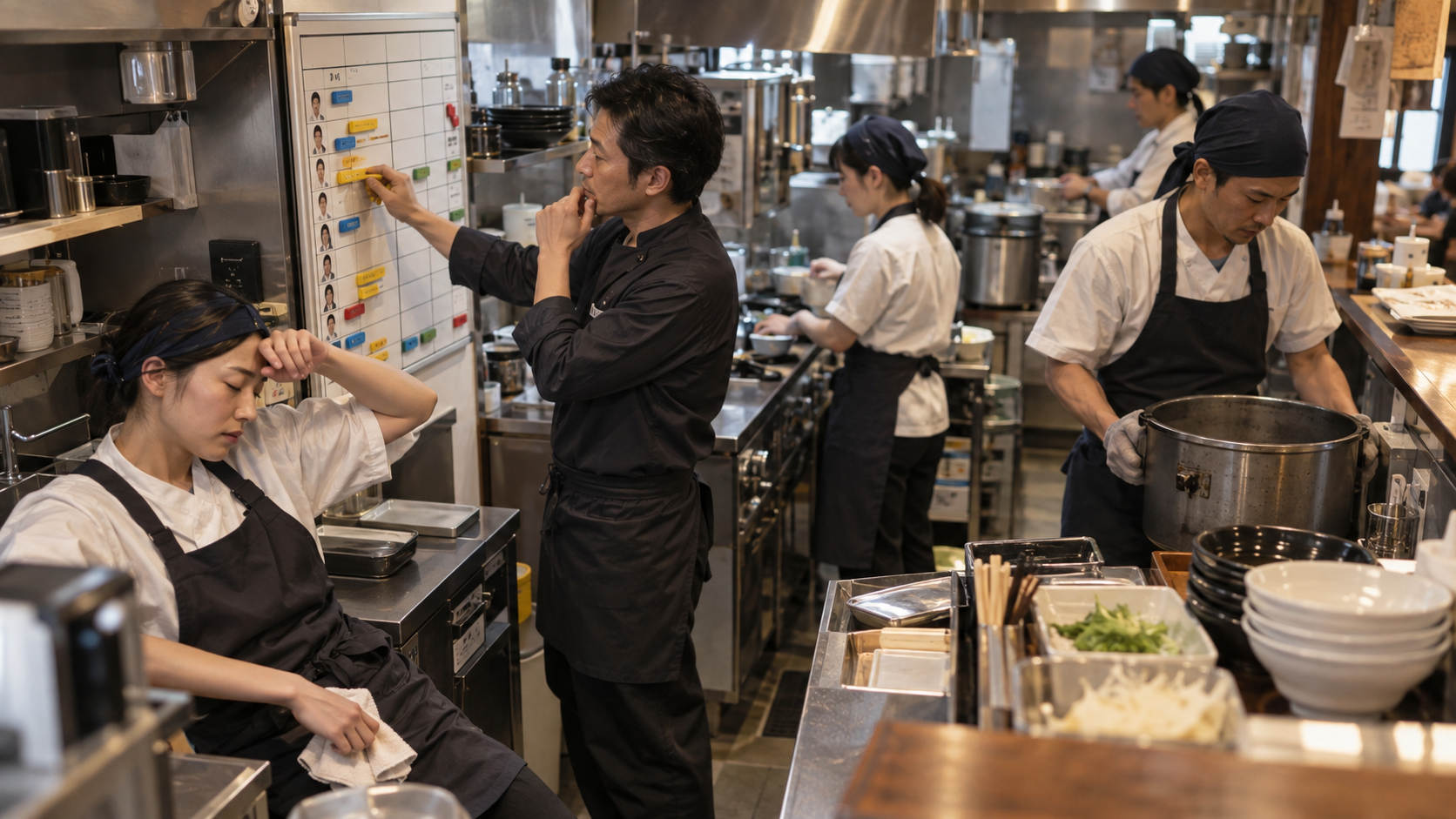シフト表を見ながら勤務負担の偏りを見直す飲食店スタッフ