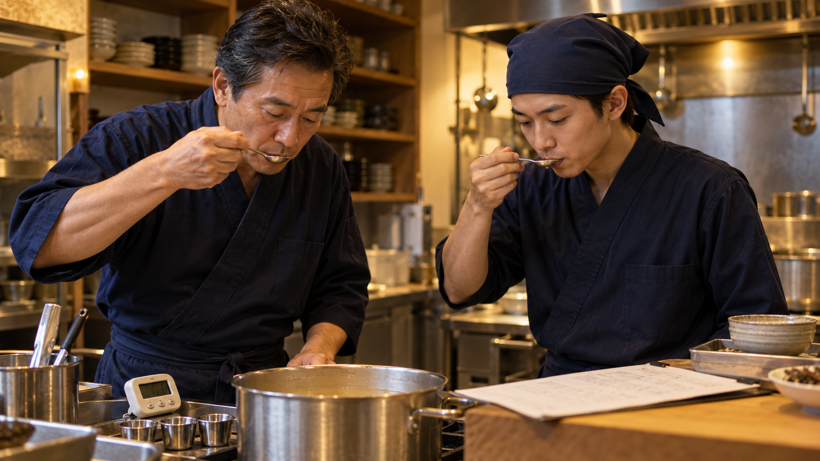 計量と味見で料理の基準を共有する料理人たち